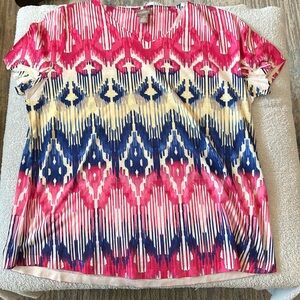 Chico’s top, Size 2 (12),color pink.blue/beige.  Beautiful V neck.
